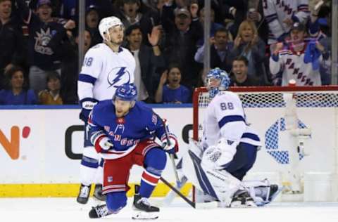 NEW YORK, NEW YORK – OCTOBER 11: Barclay Goodrow #21 of the New York Rangers celebrates his third-period goal against Andrei Vasilevskiy #88 of the Tampa Bay Lightning at Madison Square Garden during the season-opening game on October 11, 2022,  in New York City. The Rangers defeated the Lightning 3-1. (Photo by Bruce Bennett/Getty Images)