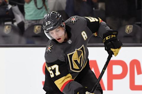 LAS VEGAS, NV – SEPTEMBER 28: David Perron #57 of the Vegas Golden Knights warms up before a preseason game against the Colorado Avalanche at T-Mobile Arena on September 28, 2017, in Las Vegas, Nevada. Colorado won 4-2. (Photo by Ethan Miller/Getty Images)