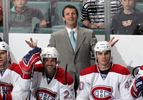 SUNRISE, FL – FEBRUARY 13: Head Coach Guy Carbonneau of the Montreal Canadiens gestures to the referee during his game against the Florida Panthers on February 13, 2008 at the Bank Atlantic Center in Sunrise, Florida. The Canadiens defeated the Panthers 2-1 in overtime. (Photo by Bruce Bennett/Getty Images)