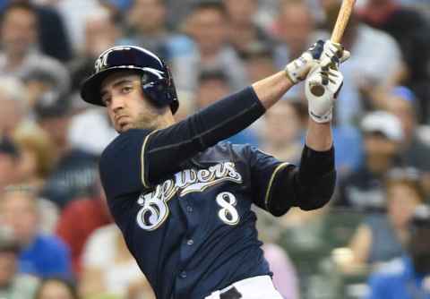 Jun 1, 2016; Milwaukee, WI, USA; Milwaukee Brewers left fielder Ryan Braun (8) hits a single in the third inning during the game against the St. Louis Cardinals at Miller Park. Mandatory Credit: Benny Sieu-USA TODAY Sports