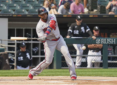 CHICAGO, ILLINOIS – JULY 19: Nelson Cruz #23 of the Minnesota Twins bats against the Chicago White Sox at Guaranteed Rate Field on July 19, 2021 in Chicago, Illinois. (Photo by Nuccio DiNuzzo/Getty Images)