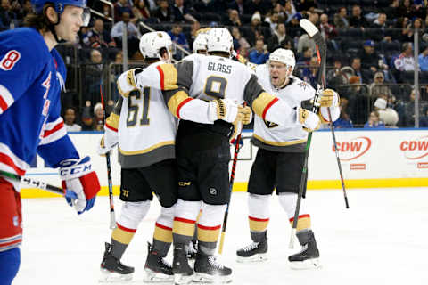 Max Pacioretty #67 of the Vegas Golden Knights celebrates with teammates after scoring a goal in the second period against the New York Rangers