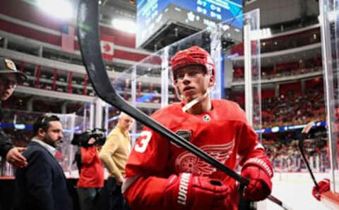 Forward Lucas Raymond of Detroit Red Wings leaves the warm up prior to the NHL Global Series Ice Hockey match between Toronto Maple Leafs and Detroit Red Wings in Stockholm on November 17, 2023. (Photo by Jonathan NACKSTRAND / AFP) (Photo by JONATHAN NACKSTRAND/AFP via Getty Images)