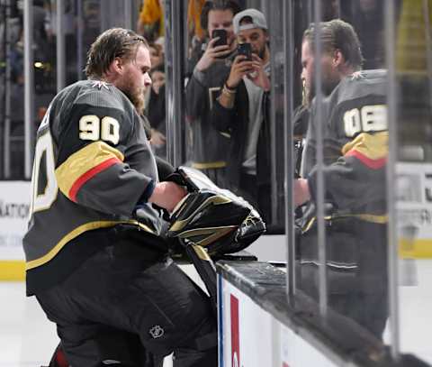 Robin Lehner of the Vegas Golden Knights leaves the ice after being named the first star of the game following the team’s 3-0 victory over the New Jersey Devils at T-Mobile Arena.