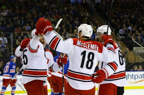 Nov 29, 2016; New York, NY, USA; Carolina Hurricanes left wing Viktor Stalberg (left) is congratulated by teammates after scoring a goal against the New York Rangers during the first period at Madison Square Garden. Mandatory Credit: Andy Marlin-USA TODAY Sports