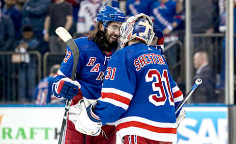 Apr 29, 2023; New York, New York, USA; New York Rangers center Mika Zibanejad (93) celebrates with goalie Igor Shesterkin (31) after a 5-2 win against the New Jersey Devils in game six of the first round of the 2023 Stanley Cup Playoffs at Madison Square Garden. Mandatory Credit: Danny Wild-USA TODAY Sports