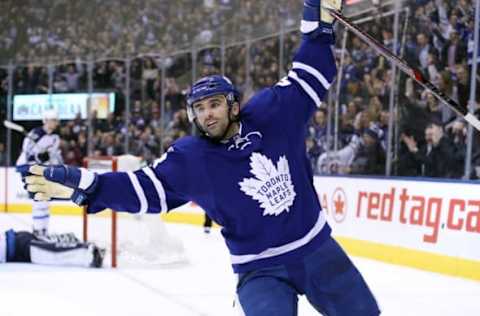 Feb 21, 2017; Toronto, Ontario, CAN; Toronto Maple Leafs center Nazem Kadri (43) celebrates his second period goal against the Winnipeg Jets at Air Canada Centre. Mandatory Credit: Tom Szczerbowski-USA TODAY Sports