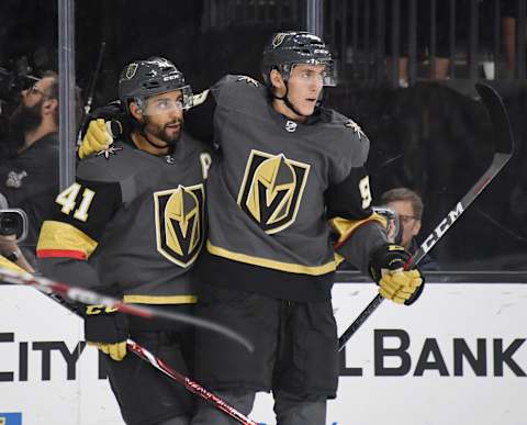 LAS VEGAS, NEVADA – SEPTEMBER 30: Pierre-Edouard Bellemare #41 and Tomas Nosek #92 of the Vegas Golden Knights celebrate after Bellemare assisted Nosek on a short-handed second-period goal against the San Jose Sharks during their preseason game at T-Mobile Arena on September 30, 2018 in Las Vegas, Nevada. The Golden Knights defeated the Sharks 5-2. (Photo by Ethan Miller/Getty Images)