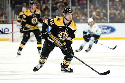 BOSTON, MASSACHUSETTS – JANUARY 12: Joona Koppanen #45 of the Boston Bruins skates against the Seattle Kraken in his first NHL game during the first period at TD Garden on January 12, 2023, in Boston, Massachusetts. (Photo by Maddie Meyer/Getty Images)