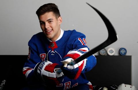 VANCOUVER, BRITISH COLUMBIA – JUNE 22: Matthew Robertson poses after being selected 49th overall by the New York Rangers during the 2019 NHL Draft at Rogers Arena on June 22, 2019 in Vancouver, Canada. (Photo by Kevin Light/Getty Images)