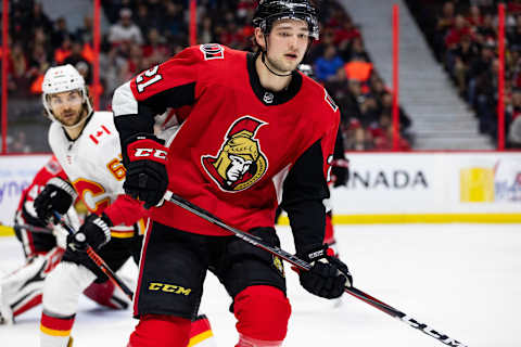 OTTAWA, ON – FEBRUARY 24: Ottawa Senators Center Logan Brown (21) keeps eyes on the play during first period National Hockey League action between the Calgary Flames and Ottawa Senators on February 24, 2019, at Canadian Tire Centre in Ottawa, ON, Canada. (Photo by Richard A. Whittaker/Icon Sportswire via Getty Images)