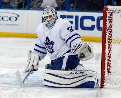 TAMPA, FL – DECEMBER 29: Antoine Bibeau #30 of the Toronto Maple Leafs makes a save against the Tampa Bay Lightning during the second period at Amalie Arena on December 29, 2016 in Tampa, Florida. (Photo by Mike Carlson/Getty Images)