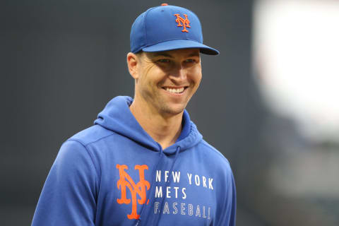 Sep 17, 2021; New York City, New York, USA; New York Mets injured starting pitcher Jacob deGrom (48) walks across the field during batting practice before a game against the Philadelphia Phillies at Citi Field. Mandatory Credit: Brad Penner-USA TODAY Sports