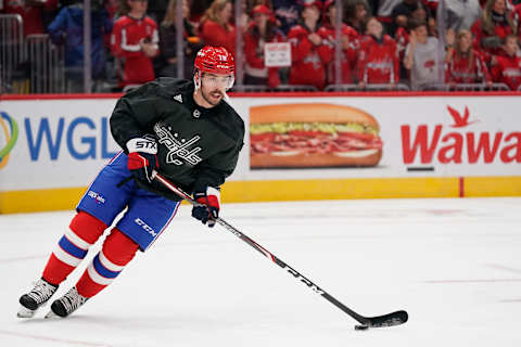 WASHINGTON, DC – NOVEMBER 11: Chandler Stephenson #18 of the Washington Capitals wears a camouflage jersey during warmups in honor of Veterans Day before a game against the Arizona Coyotes at Capital One Arena on November 11, 2019 in Washington, DC. (Photo by Patrick McDermott/NHLI via Getty Images)