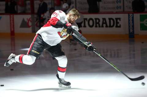 May 21, 2017; Pittsburgh, PA, USA; Ottawa Senators center Zack Smith (15) takes the ice for warm-ups before playing the Pittsburgh Penguins in game five of the Eastern Conference Final of the 2017 Stanley Cup Playoffs at the PPG PAINTS Arena. Mandatory Credit: Charles LeClaire-USA TODAY Sports