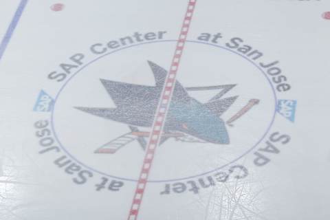 SAN JOSE, CA – MAY 06: A shot of the logo belonging to the San Jose Sharks in the center of the ice after the Vegas Golden Knights defeat the San Jose Sharks in Game Six of the Western Conference Second Round during the 2018 NHL Stanley Cup Playoffs at SAP Center on May 6, 2018 in San Jose, California. (Photo by Rocky W. Widner/NHL/Getty Images) *** Local Caption ***