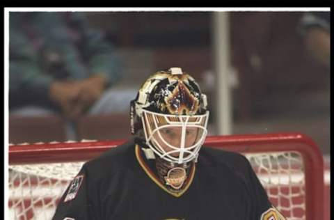 18 Oct 1995: Goaltender Corey Hirsch of the Vancouver Canucks looks on during a game against the Anaheim Mighty Ducks at Arrowhead Pond in Anaheim, California. The Canucks won the game, 5-1. Mandatory Credit: Jamie Squire /Allsport