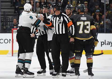 LAS VEGAS, NEVADA – SEPTEMBER 29: Evander Kane #9 of the San Jose Sharks reacts after being ejected for fighting during the third period against the Vegas Golden Knights at T-Mobile Arena on September 29, 2019 in Las Vegas, Nevada. (Photo by David Becker/NHLI via Getty Images)