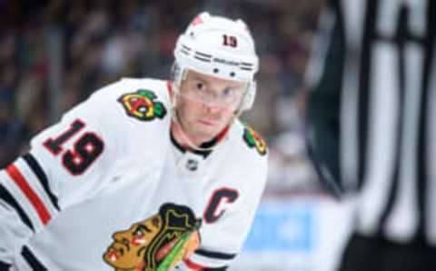 VANCOUVER, CANADA – JANUARY 24: Jonathan Toews #19 of the Chicago Blackhawks waits for a face-off during the third period of their NHL game against the Vancouver Canucks at Rogers Arena on January 24, 2023 in Vancouver, British Columbia, Canada. Vancouver won 5-2. (Photo by Derek Cain/Getty Images)