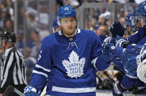 TORONTO, ON – APRIL 16: James van Riemsdyk #25 of the Toronto Maple Leafs celebrates a goal against the Boston Bruins in Game Three of the Eastern Conference First Round during the 2018 Stanley Cup Play-offs at the Air Canada Centre on April 16, 2018 in Toronto, Ontario, Canada. (Photo by Claus Andersen/Getty Images)