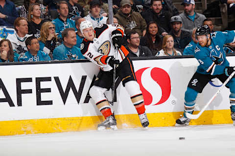 SAN JOSE, CA – APRIL 18: Josh Manson #42 of the Anaheim Ducks passes the puck against the San Jose Sharks in Game Four of the Western Conference First Round during the 2018 NHL Stanley Cup Playoffs at SAP Center on April 18, 2018 in San Jose, California. (Photo by Rocky W. Widner/NHL/Getty Images) *** Local Caption *** Josh Manson