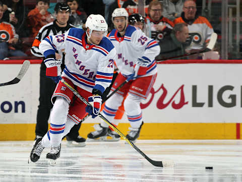 PHILADELPHIA, PA – APRIL 07: Ryan Spooner #23 of the New York Rangers skates the puck against the Philadelphia Flyers on April 7, 2018 at the Wells Fargo Center in Philadelphia, Pennsylvania. (Photo by Len Redkoles/NHLI via Getty Images)