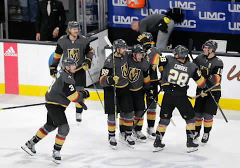 LAS VEGAS, NV – NOVEMBER 29: Vegas Golden Knights right wing Alex Tuch (89) celebrates with his teammates after winning a regular season game against the Arizona Coyotes Friday, Nov. 29, 2019, at T-Mobile Arena in Las Vegas, Nevada. (Photo by: Marc Sanchez/Icon Sportswire via Getty Images)