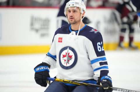 Apr 13, 2023; Denver, Colorado, USA; Winnipeg Jets right wing Nino Niederreiter (62) prior to the game against the Colorado Avalanche at Ball Arena. Mandatory Credit: Ron Chenoy-USA TODAY Sports