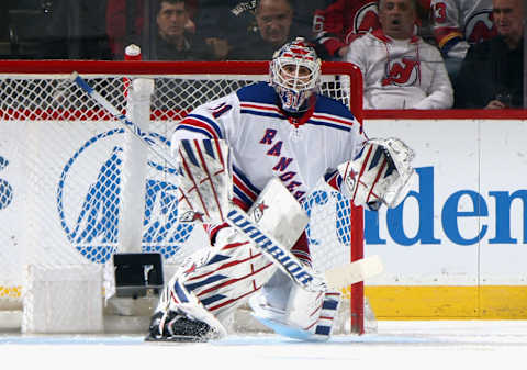 NEWARK, NEW JERSEY – MARCH 30: Igor Shesterkin, #31 of the New York Rangers, skates against the New Jersey Devils at the Prudential Center on March 30, 2023, in Newark, New Jersey. (Photo by Bruce Bennett/Getty Images)