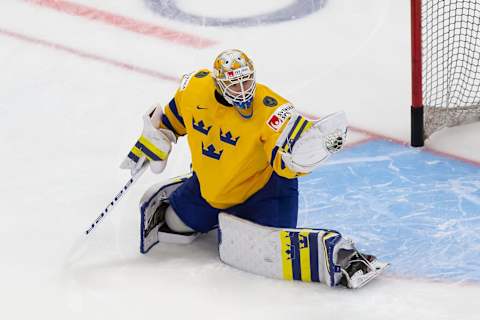 Goaltender Jesper Wallstedt #1 of Sweden. (Photo by Codie McLachlan/Getty Images)