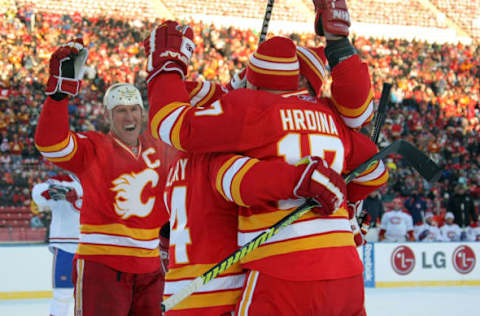 CALGARY, AB – FEBRUARY 19: Jiri Hrdina #17 of the Calgary Flames Alumni team. (Photo by Dave Sandford/NHLI via Getty Images)