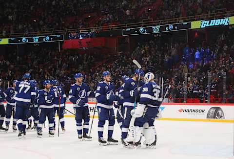 STOCKHOLM, SWEDEN – NOVEMBER 09: Tampa Bay Lightning players celebrate their victory against the Buffalo Sabres in an NHL Global Series game at Ericsson Globe on November 9, 2019 in Stockholm, Sweden. Tampa Bay won, 5-3. (Photo by Bill Wippert/NHLI via Getty Images)