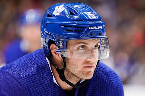 TORONTO, ON – OCTOBER 5: Alexander Kerfoot #15 of the Toronto Maple Leafs looks on against the Montreal Canadiens during the third period at the Scotiabank Arena on October 5, 2019 in Toronto, Ontario, Canada. (Photo by Mark Blinch/NHLI via Getty Images)