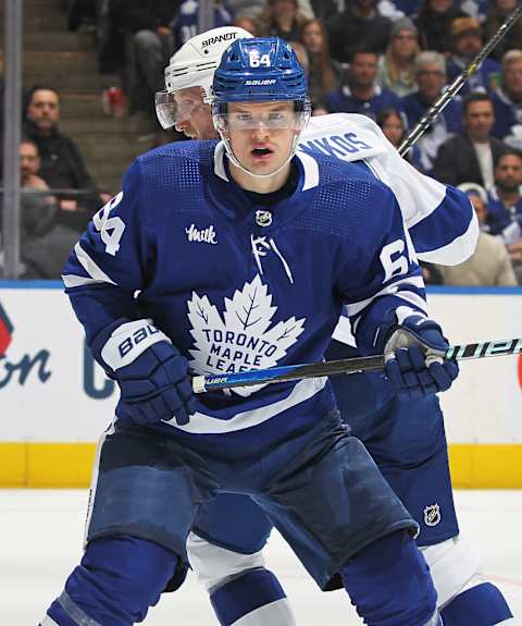 TORONTO, CANADA – APRIL 20: David Kampf #64 of the Toronto Maple Leafs  (Photo by Claus Andersen/Getty Images)