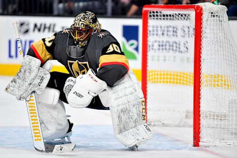 LAS VEGAS, NEVADA – NOVEMBER 02: Malcolm Subban #30 of the Vegas Golden Knights tends his net during the game against the Winnipeg Jets at T-Mobile Arena on November 2, 2019 in Las Vegas, Nevada. (Photo by Jeff Bottari/NHLI via Getty Images)