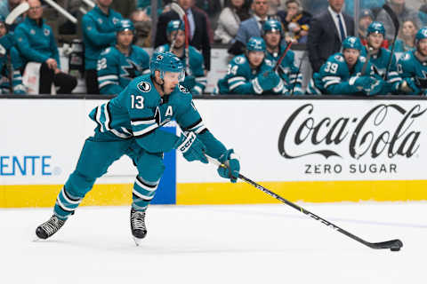 San Jose Sharks center Nick Bonino controls the puck during the second period against the Buffalo Sabres at SAP Center in San Jose. (Stan Szeto-USA TODAY Sports)