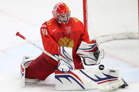 COPENHAGEN, DENMARK – MAY 17, 2018: Russia’s goalie Igor Shestyorkin in action in the 2018 IIHF Ice Hockey World Championship Quarterfinal match against Canada at Royal Arena. Anton Novoderezhkin/TASS (Photo by Anton NovoderezhkinTASS via Getty Images)