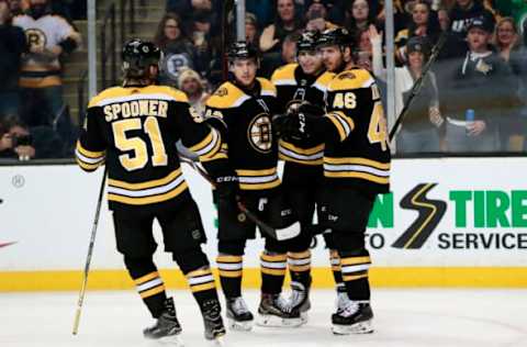 BOSTON, MA – JANUARY 15: Boston Bruins center Ryan Spooner (51) celebrates his goal with his teammates during a game between the Boston Bruins and the Dallas Stars on January 15, 2018, at TD Garden in Boston, Massachusetts. The Stars defeated the Bruins 3-2 (OT). (Photo by Fred Kfoury III/Icon Sportswire via Getty Images)