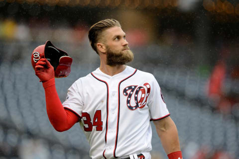 WASHINGTON, DC – SEPTEMBER 23: Bryce Harper #34 of the Washington Nationals reacts after making an out against the New York Mets at Nationals Park on September 23, 2018 in Washington, DC. (Photo by G Fiume/Getty Images)