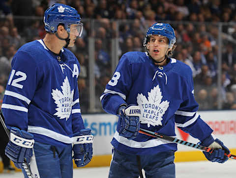 TORONTO, ON – FEBRUARY 27: Tyler Ennis #63 and Patrick Marleau #12 of the Toronto Maple Leafs chat prior to play resuming against the Edmonton Oilers during an NHL game at Scotiabank Arena on February 27, 2019 in Toronto, Ontario, Canada. The Maple Leafs defeated the Oilers 6-2. (Photo by Claus Andersen/Getty Images)