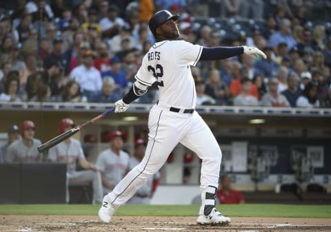 SAN DIEGO, CA – JUNE 2: Franmil Reyes #32 of the San Diego Padres plays during a baseball game against the Cincinnati Reds at PETCO Park on June 2, 2018 in San Diego, California. (Photo by Denis Poroy/Getty Images)