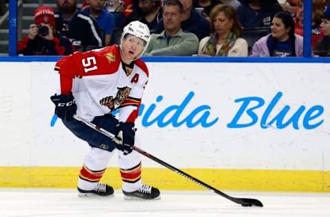 Jan 17, 2016; Tampa, FL, USA; Florida Panthers defenseman Brian Campbell (51) skates with the puck against the Tampa Bay Lightning during the second period at Amalie Arena. Mandatory Credit: Kim Klement-USA TODAY Sports