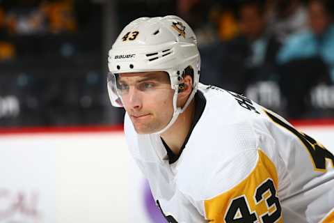 NEW YORK, NY – MARCH 20: Conor Sheary #43 of the Pittsburgh Penguins skates against the New York Islanders at Barclays Center on March 20, 2018 in New York City. New York Islanders defeated the Pittsburgh Penguins 4-1 (Photo by Mike Stobe/NHLI via Getty Images)