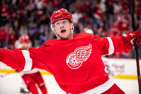 Feb 26, 2022; Detroit, Michigan, USA; Detroit Red Wings left wing Lucas Raymond (23)   Mandatory Credit: Raj Mehta-USA TODAY Sports