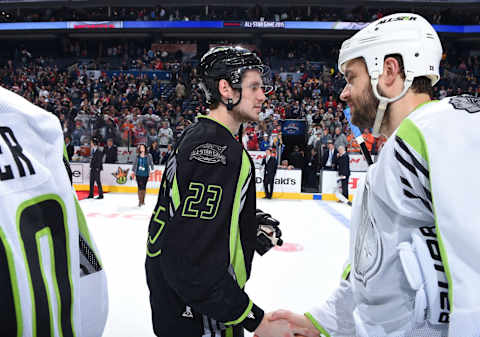 COLUMBUS, OH – JANUARY 25: Oliver Ekman-Larsson #23 of the Arizona Coyotes and Team Foligno and Brent Seabrook #7 of the Chicago Blackhawks and Team Toews shake hands after the 2015 Honda NHL All-Star Game at Nationwide Arena on January 25, 2015 in Columbus, Ohio. Team Toews defeated Team Foligno 17-12. (Photo by Brian Babineau/NHLI via Getty Images)