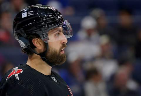 Oct 29, 2023; Buffalo, New York, USA; Buffalo Sabres right wing Alex Tuch (89) during a stoppage in play against the Colorado Avalanche during the third period at KeyBank Center. Mandatory Credit: Timothy T. Ludwig-USA TODAY Sports