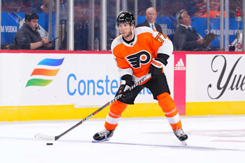 PHILADELPHIA, PA – SEPTEMBER 28: Tony DeAngelo #77 of the Philadelphia Flyers controls the puck against the Washington Capitals in the second period of the preseason game at the Wells Fargo Center on September 28, 2022 in Philadelphia, Pennsylvania. (Photo by Mitchell Leff/Getty Images)