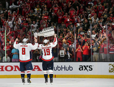 LAS VEGAS, VA – JUNE 7:Washington Capitals left wing Alex Ovechkin (8) and Washington Capitals center Nicklas Backstrom (19) acknowledge the fans with the Stanley Cup after winning Game 5 of the Stanley Cup Final between the Washington Capitals and the Vegas Golden Knights at T-Mobile Arena on Thursday, June 7, 2018. (Photo by Toni L. Sandys/The Washington Post via Getty Images)