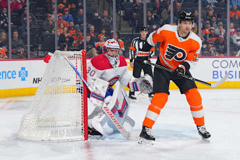 PHILADELPHIA, PA – MARCH 28: Cayden Primeau #30 of the Montreal Canadiens in action against James van Riemsdyk #25 of the Philadelphia Flyers at the Wells Fargo Center on March 28, 2023 in Philadelphia, Pennsylvania. (Photo by Mitchell Leff/Getty Images)