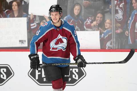 DENVER, CO – OCTOBER 13: Mikko Rantanen #96 of the Colorado Avalanche skates during warm ups prior to the game against the Calgary Flames at the Pepsi Center on October 13, 2018 in Denver, Colorado. (Photo by Michael Martin/NHLI via Getty Images)